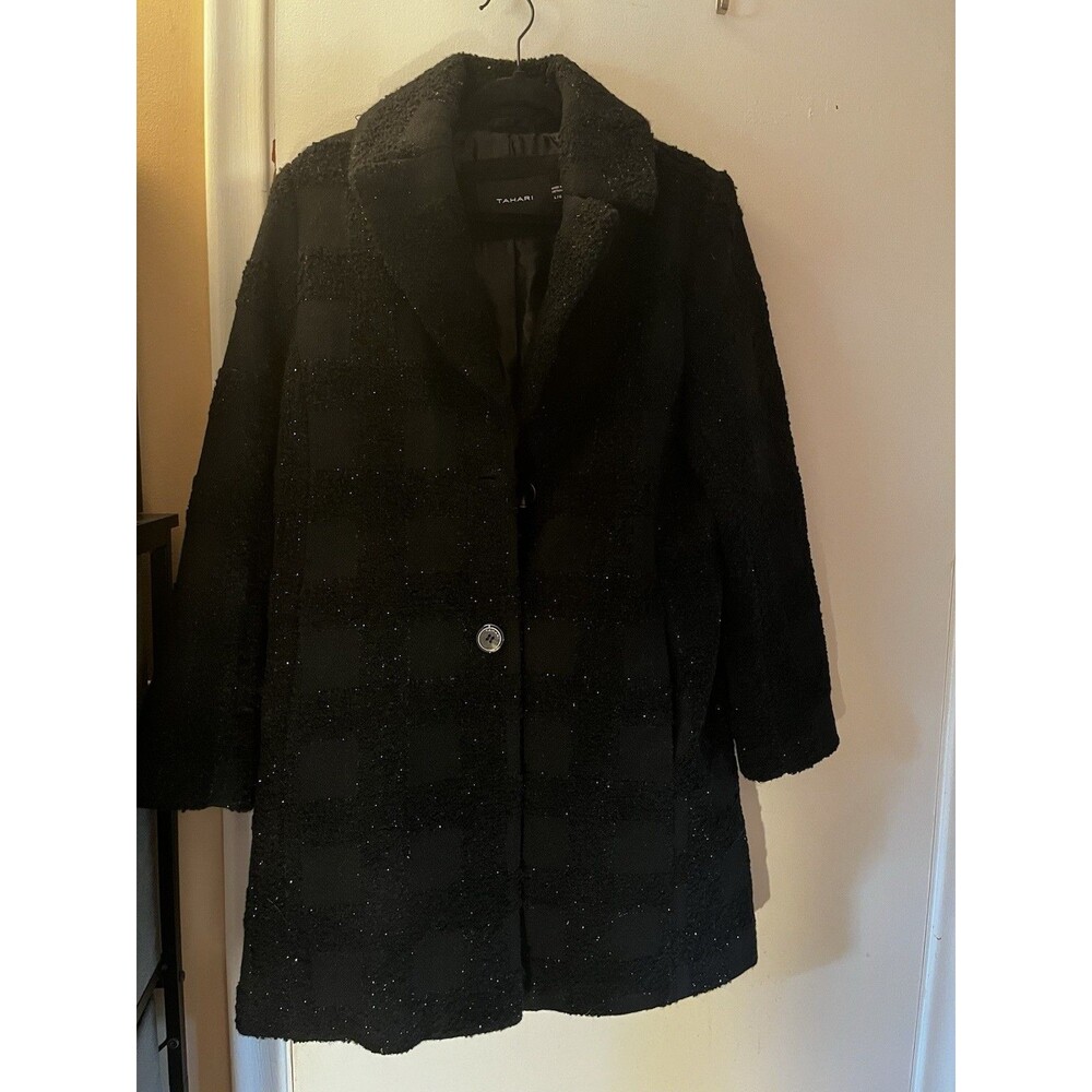 Tahari Women's Black Textured Plaid Bouclé Coat Size L